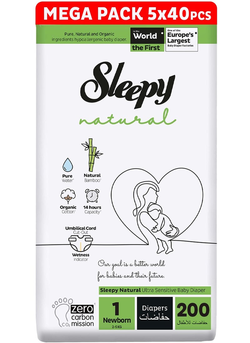 Sleepy Natural Size 1 (NewBorn)  200 Count  2-5Kg Hypoallergenic Baby Dry Diapers  Organic Cotton  Highly Absorbent  Bamboo Extract  Ultimate Comfort and Dryness  100% Leakage Protection