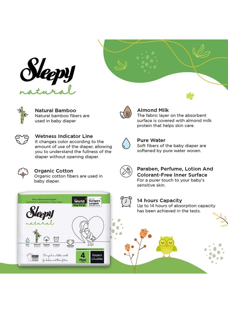 Sleepy Natural Size 4 NewBorn 60 Count 7-14Kg Hypoallergenic Baby Dry Diapers  Organic Cotton  Highly Absorbent Bamboo Extract  Ultimate Comfort and Dryness  100% Leakage Protection