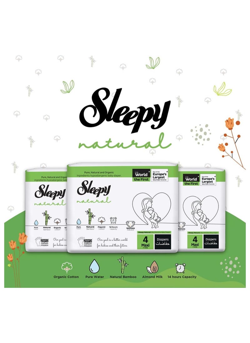 Sleepy Natural Size 4 NewBorn 60 Count 7-14Kg Hypoallergenic Baby Dry Diapers  Organic Cotton  Highly Absorbent Bamboo Extract  Ultimate Comfort and Dryness  100% Leakage Protection