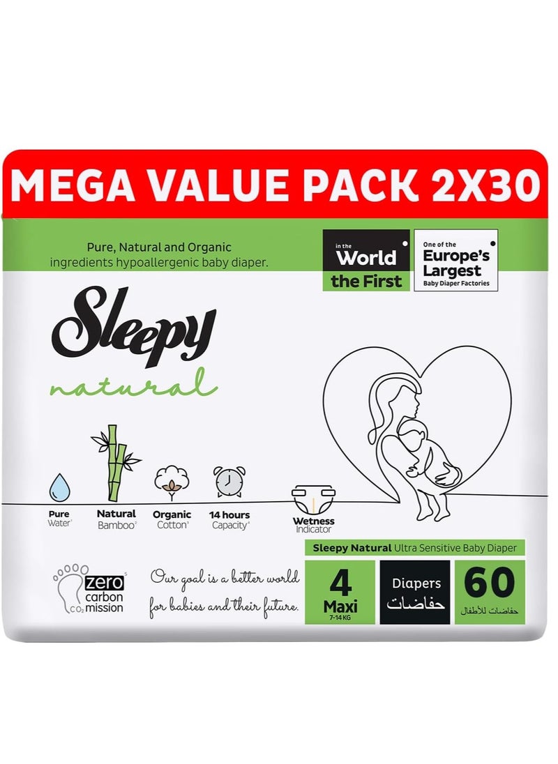 Sleepy Natural Size 4 NewBorn 60 Count 7-14Kg Hypoallergenic Baby Dry Diapers  Organic Cotton  Highly Absorbent Bamboo Extract  Ultimate Comfort and Dryness  100% Leakage Protection