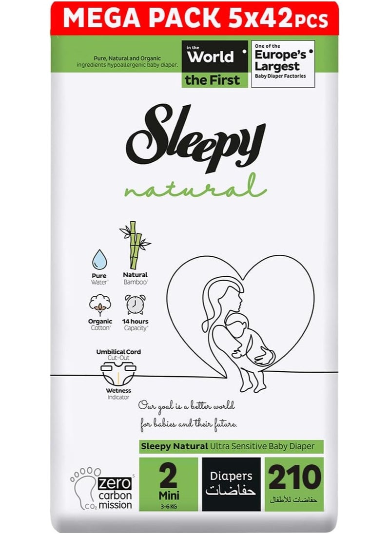 Sleepy Natural Size 2 Newborn 210 Count  3-6Kg Hypoallergenic Baby Dry Diapers  Organic Cotton  Highly Absorbent Bamboo Extract  Ultimate Comfort and Dryness  100% Leakage Protection