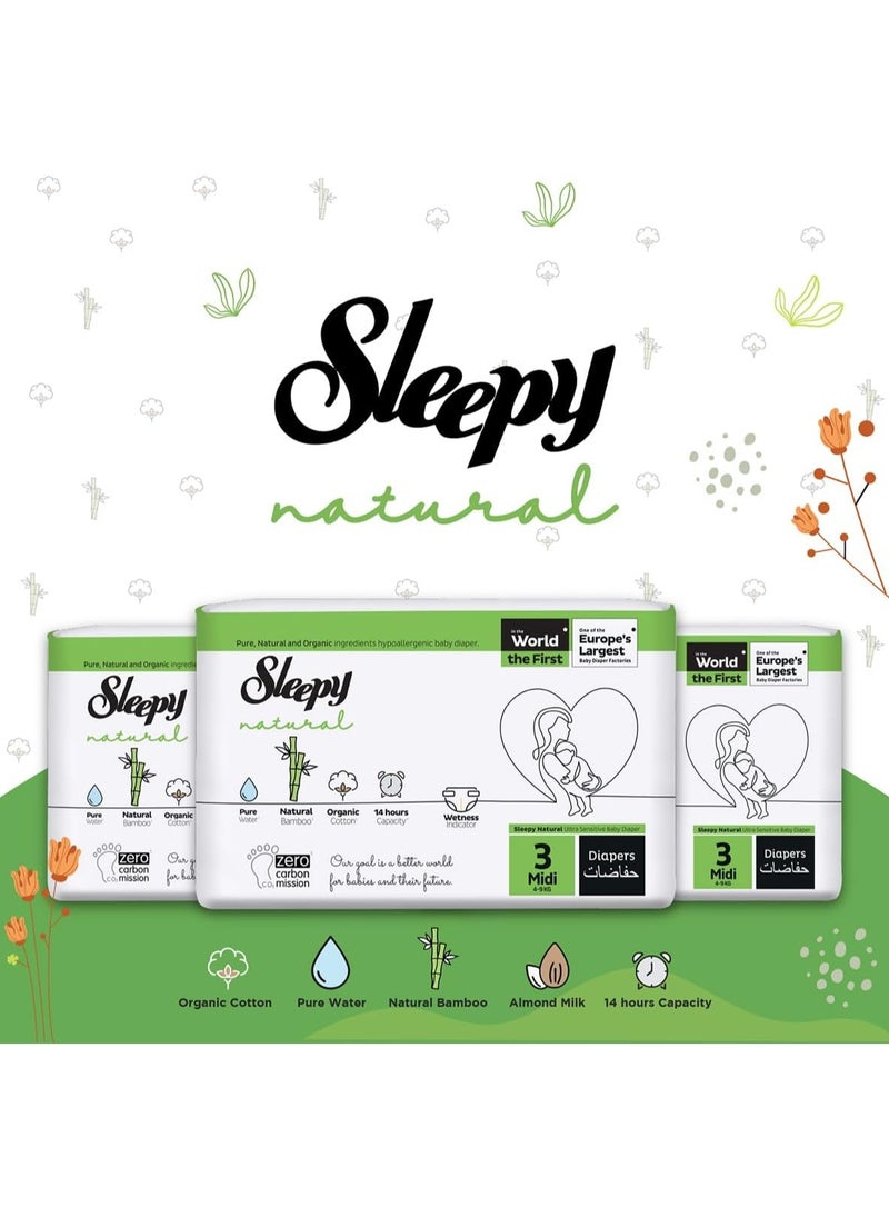 Sleepy Natural Size 3 New Born 170 Count 4-9Kg Hypoallergenic Baby Dry Diapers  Organic Cotton  Highly Absorbent Bamboo Extract  Ultimate Comfort and Dryness  100% Leakage Protection