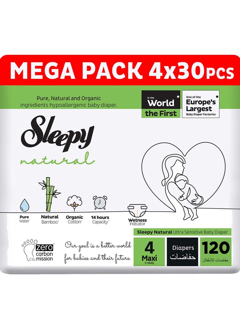 Sleepy Natural Size 4 (NewBorn) 120 Count 7-14Kg Hypoallergenic Baby Dry Diapers  Organic Cotton  Highly Absorbent Bamboo Extract  Ultimate Comfort and Dryness  100% Leakage Protection