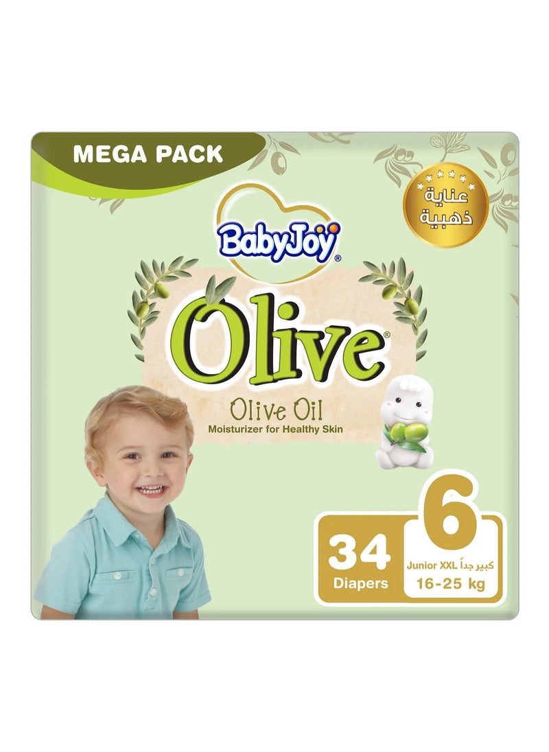 BabyJoy Olive Tape Style Diapers, 34 Pieces, Junior XXL Size 6 Mega Pack, 16-25kg - Gentle Olive Moisturising, Breathable, Compressed Air Channel