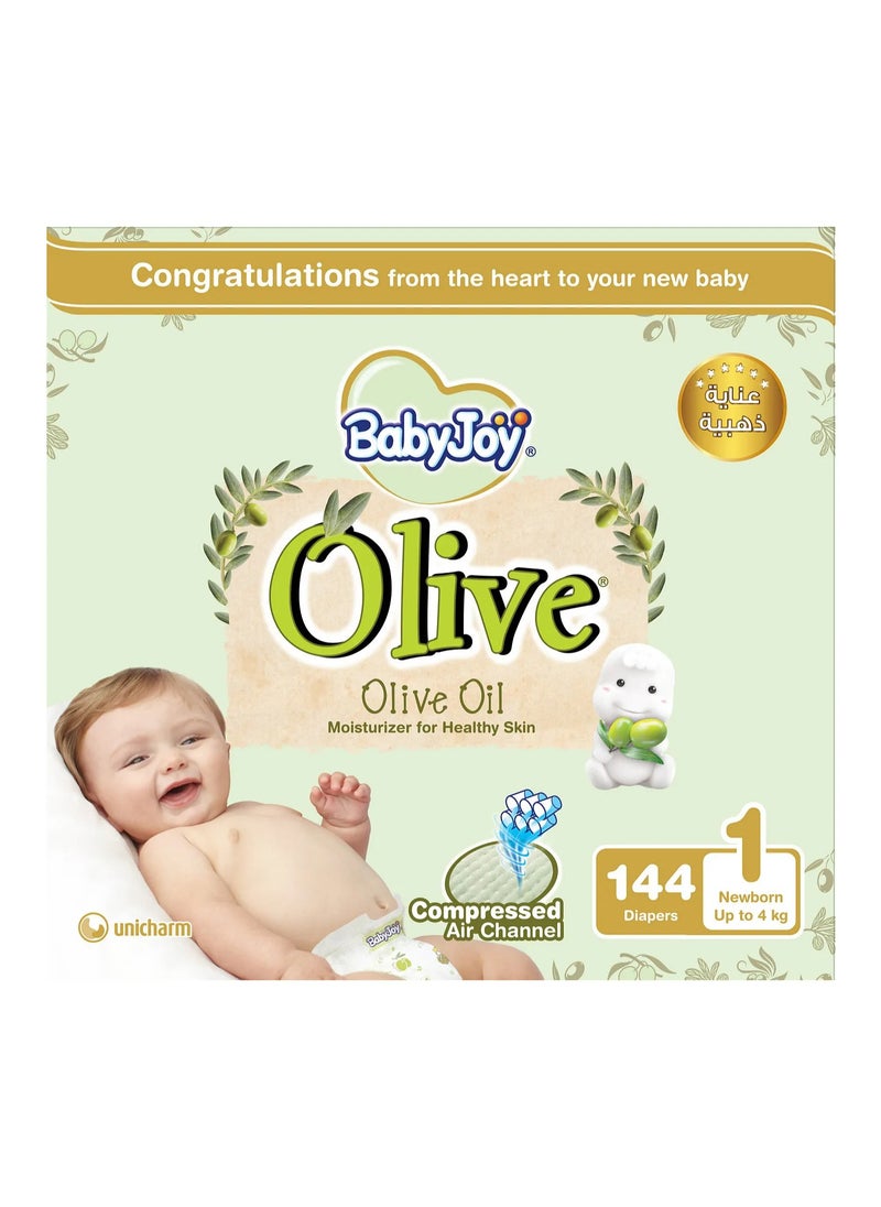 BabyJoy Olive Tape Style Diapers, 144 Pieces, Newborn Size 1, Upto 4kg - Gentle Olive Moisturising, Breathable, Compressed Air Channel