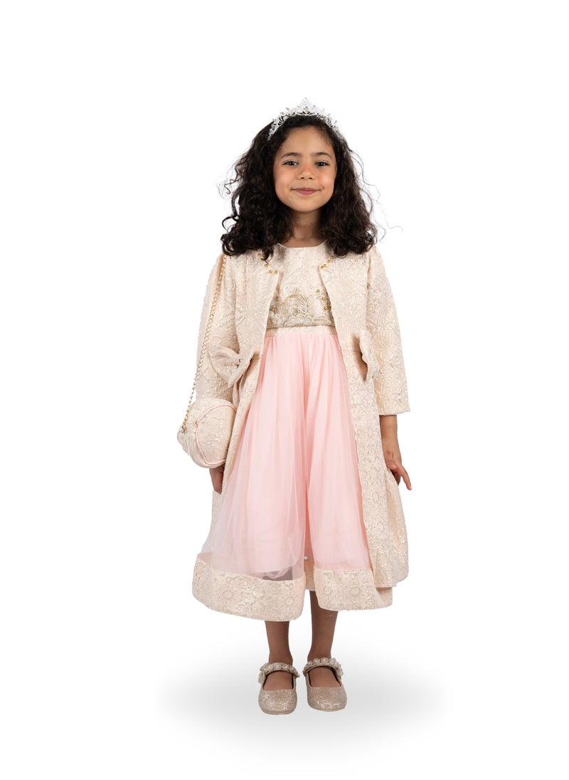 Jasmine Pink Flowers Party Dress with Jacket and bag