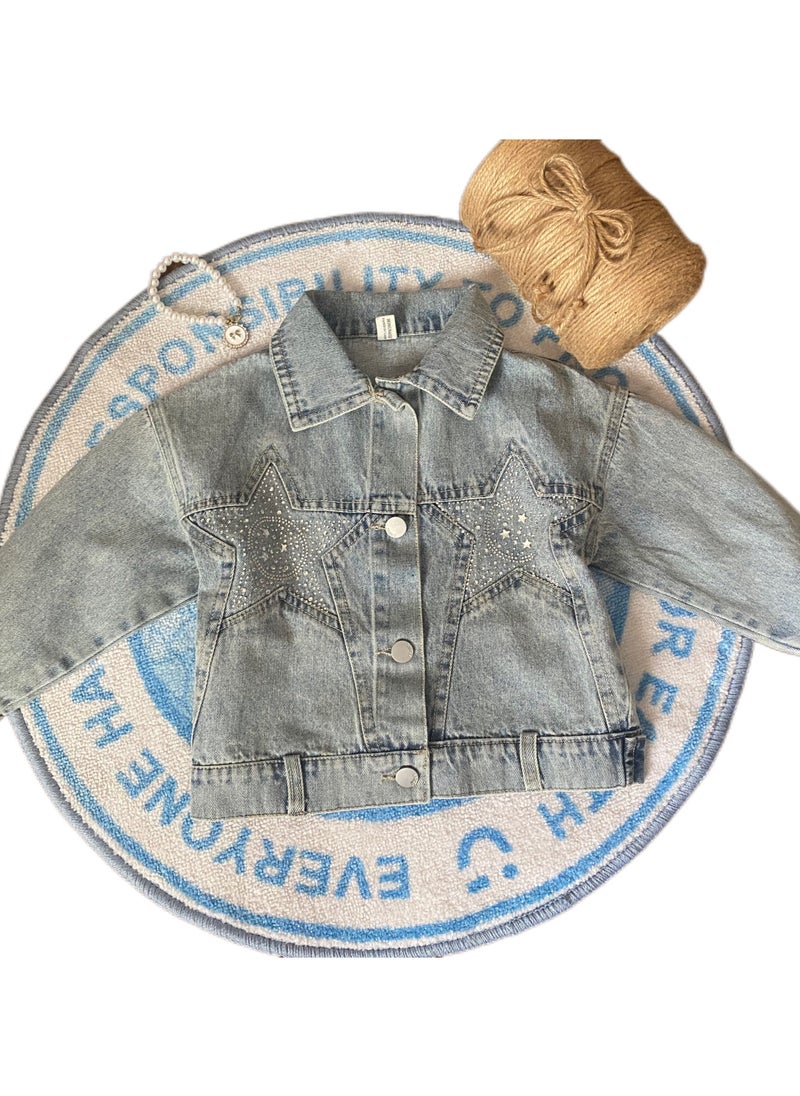 Girl's Denim Jacket Children's Fashionable Star Studded Button Front Collar Shoulder Length Sleeve Outerwear(2-9 Y)