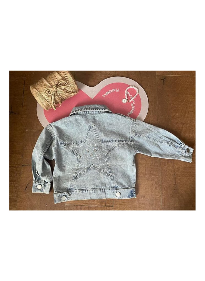 Girl's Denim Jacket Children's Fashionable Star Studded Button Front Collar Shoulder Length Sleeve Outerwear(2-9 Y)