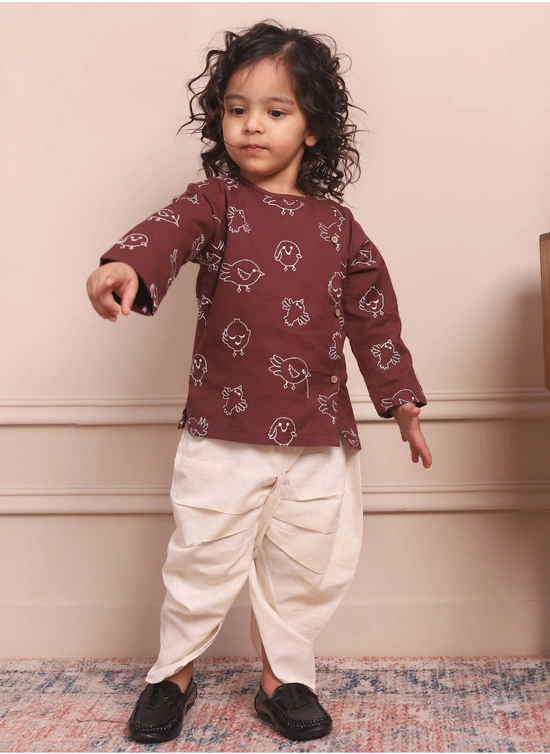 Polka Tots Full Sleeves Birds Embroidery Angrakha with Dhoti - Wine (9M - 12M)