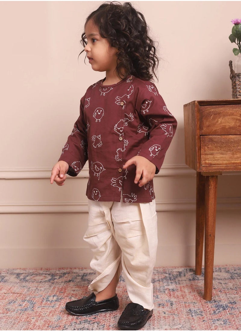 Polka Tots Full Sleeves Birds Embroidery Angrakha with Dhoti - Wine (9M - 12M)