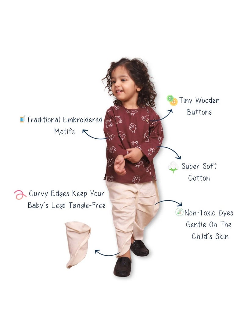 Polka Tots Full Sleeves Birds Embroidery Angrakha with Dhoti - Wine (3Y - 4Y)