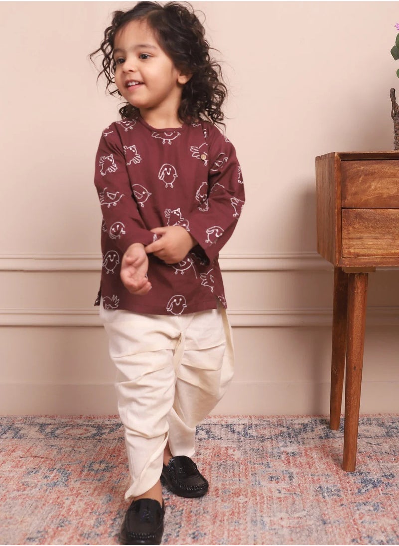 Polka Tots Full Sleeves Birds Embroidery Angrakha with Dhoti - Wine (3Y - 4Y)