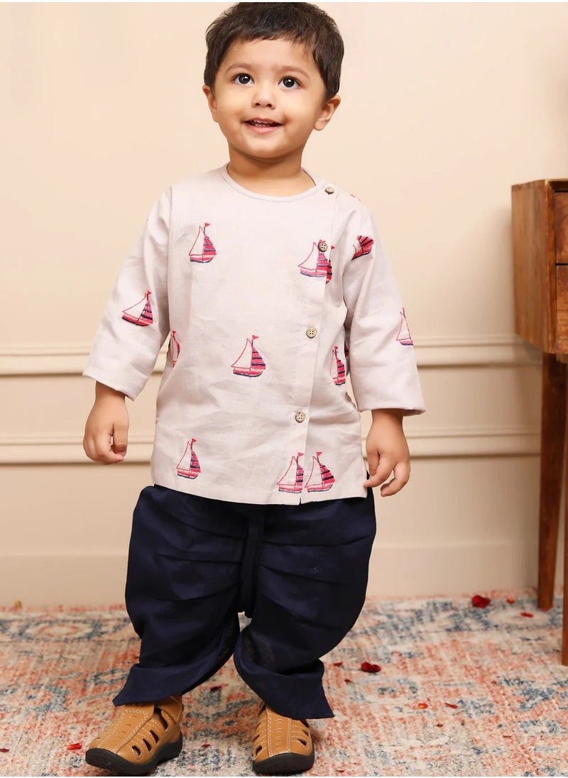 Polka Tots Full Sleeves Boat Embroidery Angrakha with Dhoti - Grey (0M - 3M)