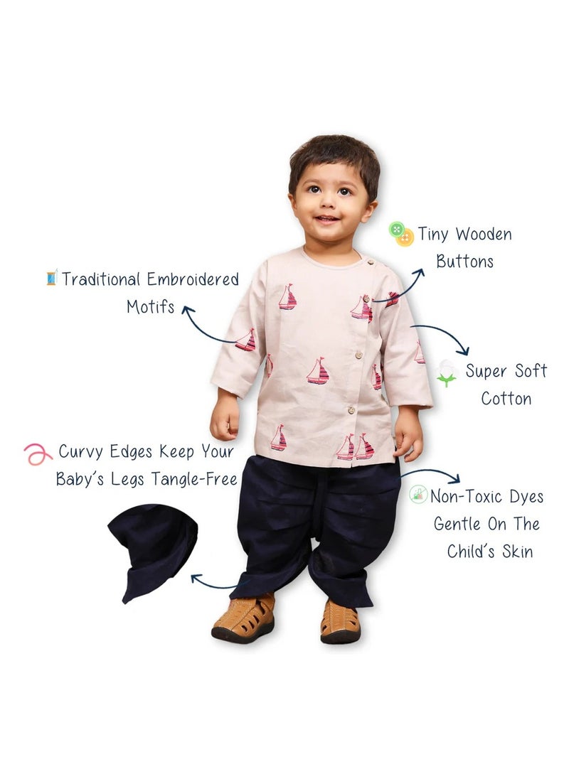 Polka Tots Full Sleeves Boat Embroidery Angrakha with Dhoti - Grey (0M - 3M)