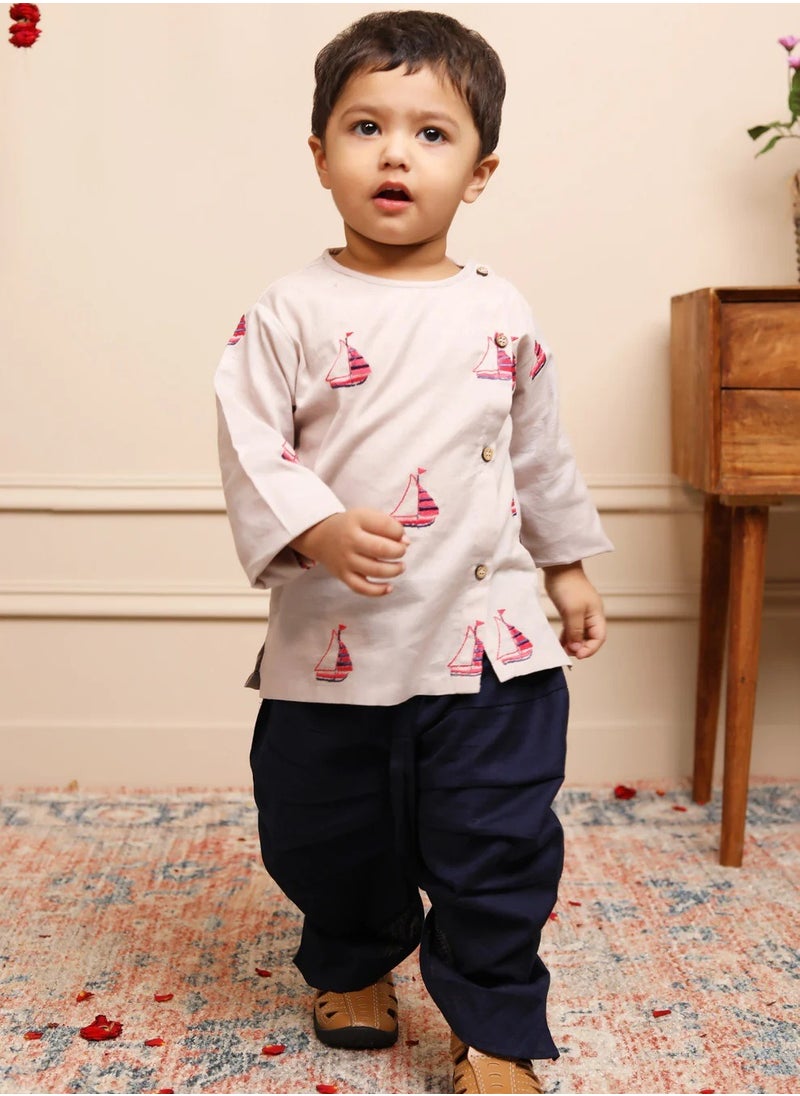 Polka Tots Full Sleeves Boat Embroidery Angrakha with Dhoti - Grey (0M - 3M)