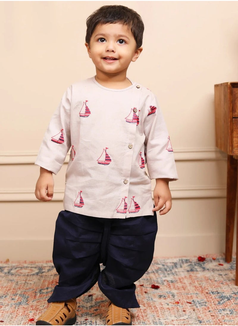 Polka Tots Full Sleeves Boat Embroidery Angrakha with Dhoti - Grey (6M - 9M)