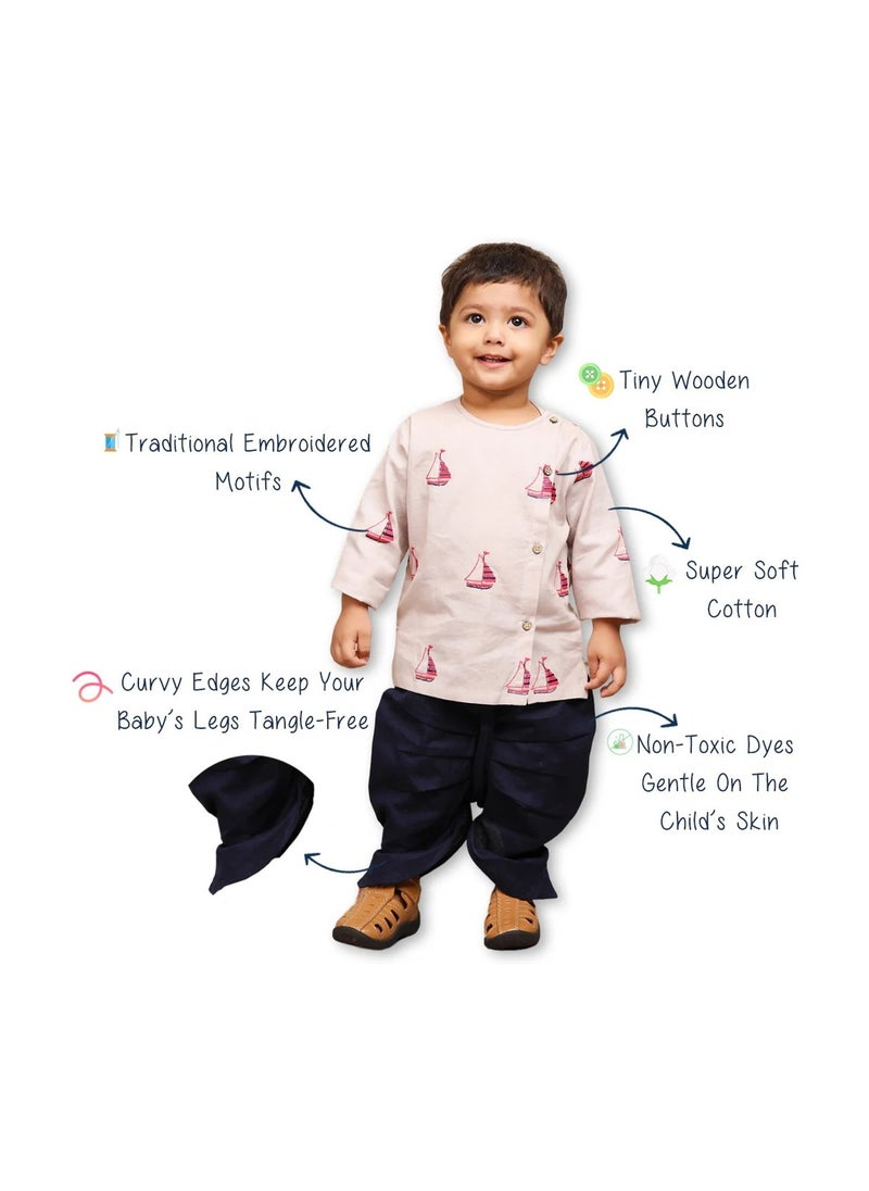 Polka Tots Full Sleeves Boat Embroidery Angrakha with Dhoti - Grey (18M - 24M)