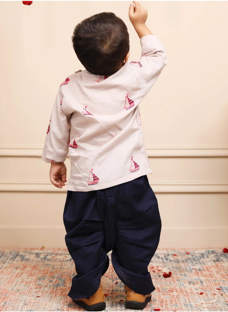 Polka Tots Full Sleeves Boat Embroidery Angrakha with Dhoti - Grey (3Y - 4Y)