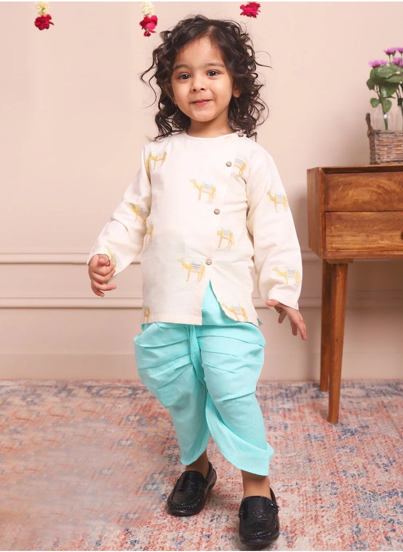 Polka Tots Full Sleeves Camel Embroidery Angrakha Top With Dhoti - Cream (3M - 6M)