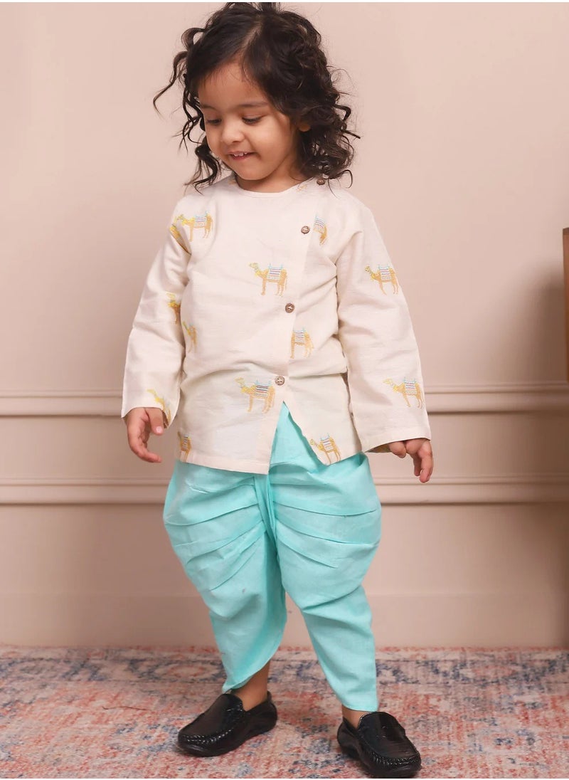 Polka Tots Full Sleeves Camel Embroidery Angrakha Top With Dhoti - Cream (3M - 6M)