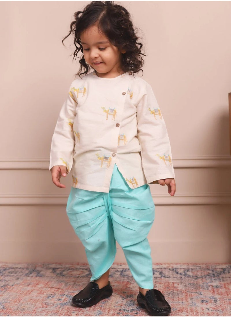 Polka Tots Full Sleeves Camel Embroidery Angrakha Top With Dhoti - Cream (0M - 3M)