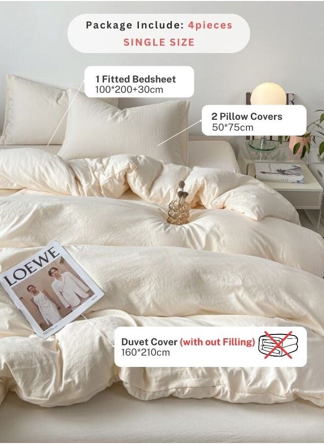 Single Size 4 piece piece bedding set without filling, washable cotton milky white color.