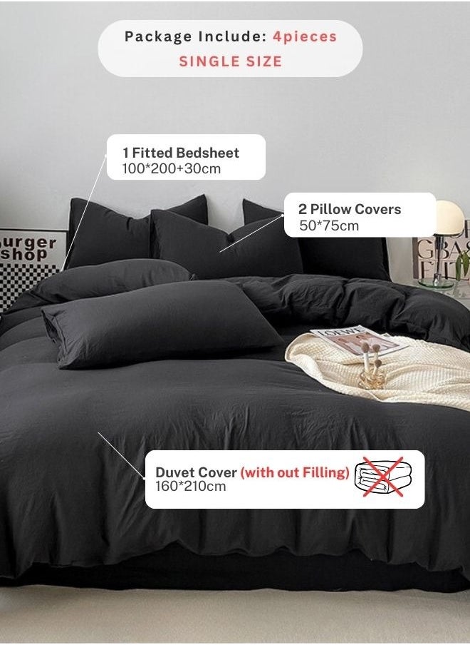 Single Size 4 piece Bedding Set Without Filling, Washable Cotton Black Color.