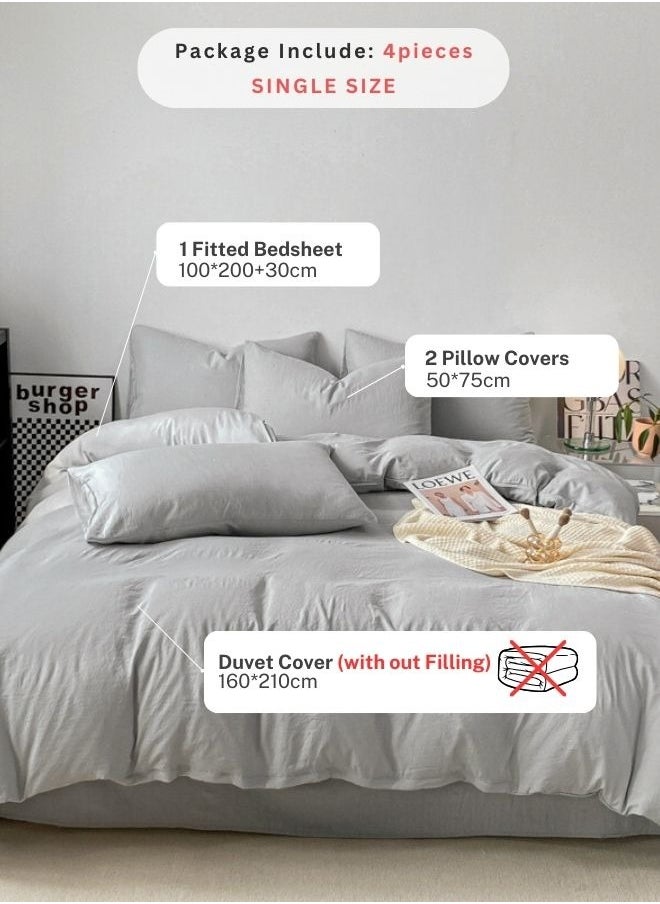 Single Size 4 Piece Bedding Set Without Filling, Washable Cotton Light Grey Color.