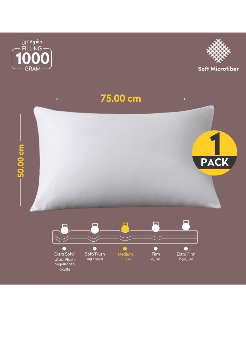 Pillow 1 Piece (1000 Gm) King Size Bed Pillow 50x75 cm Hotel Style Double Edge Stitched Premium Gel Fiber Mid Loft White