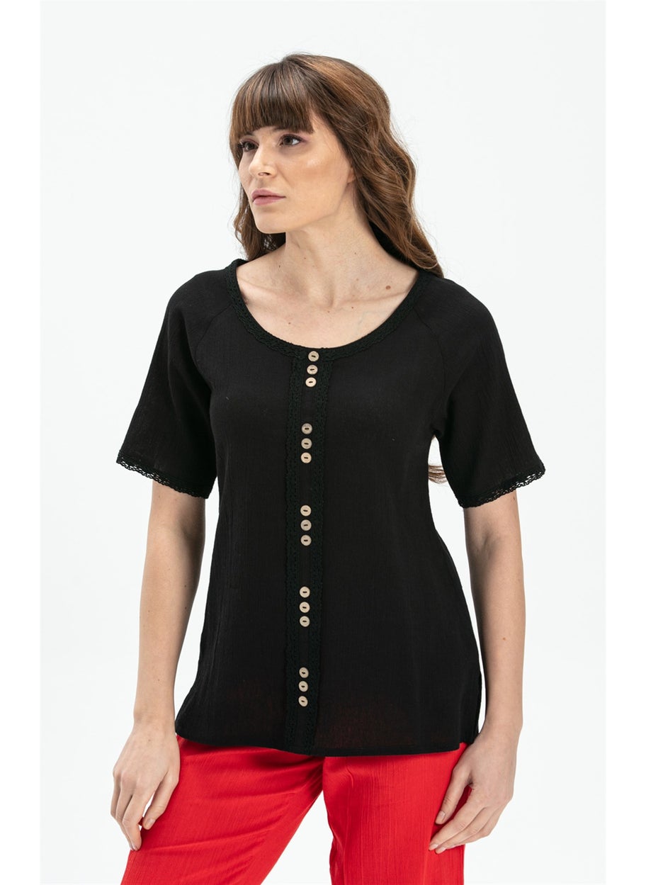 Short Sleeve Şile Cloth Umay Blouse Black Syh