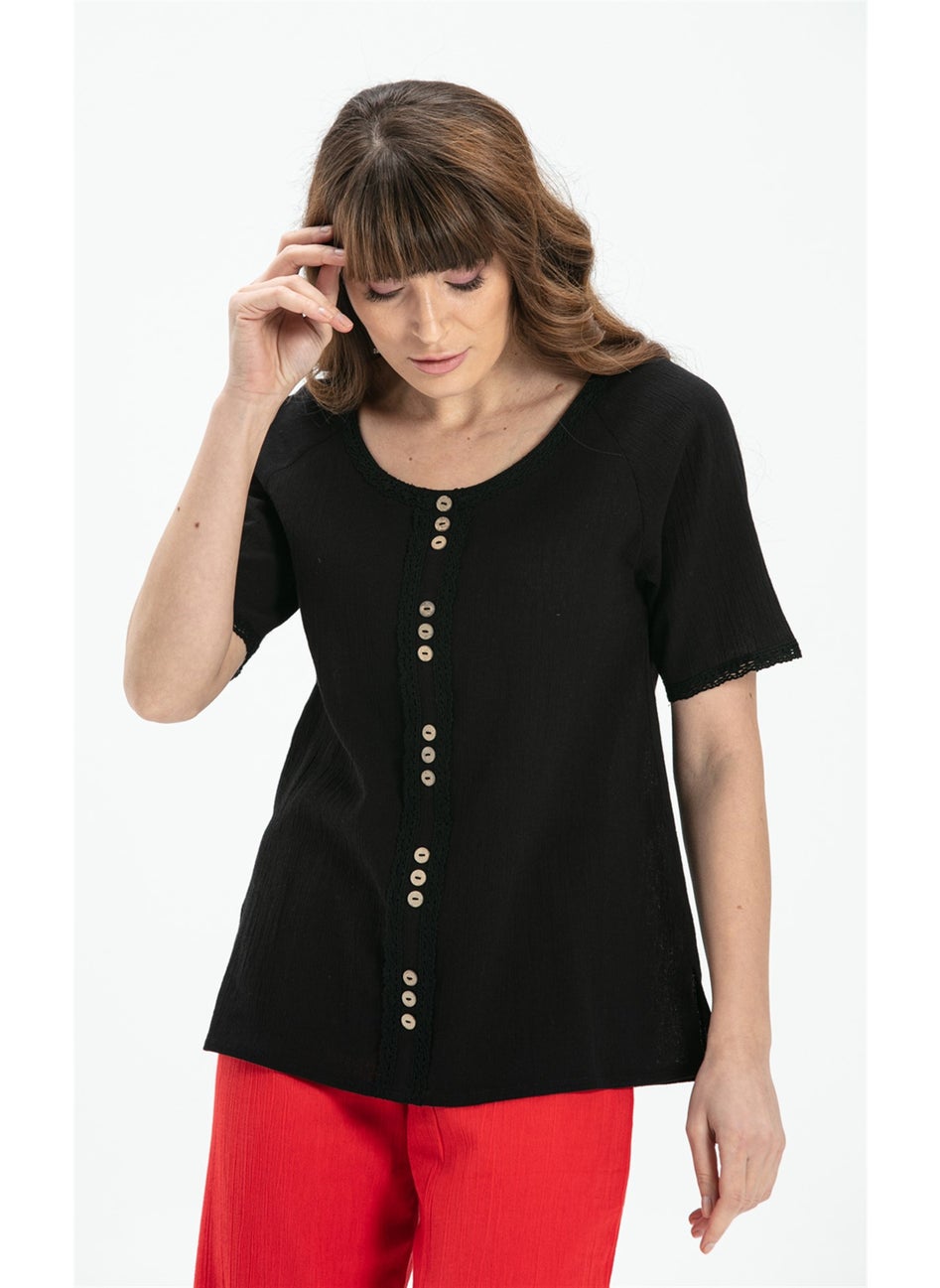 Short Sleeve Şile Cloth Umay Blouse Black Syh