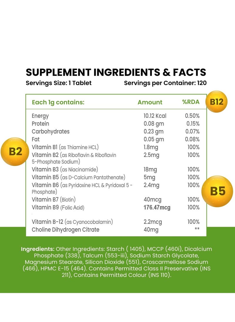 Himalayan Organics Vitamin B Complex (B1, B2, B3, B5, B6, B7, B9 & B12) Energy and cognitive support, 120 Veg Tablets