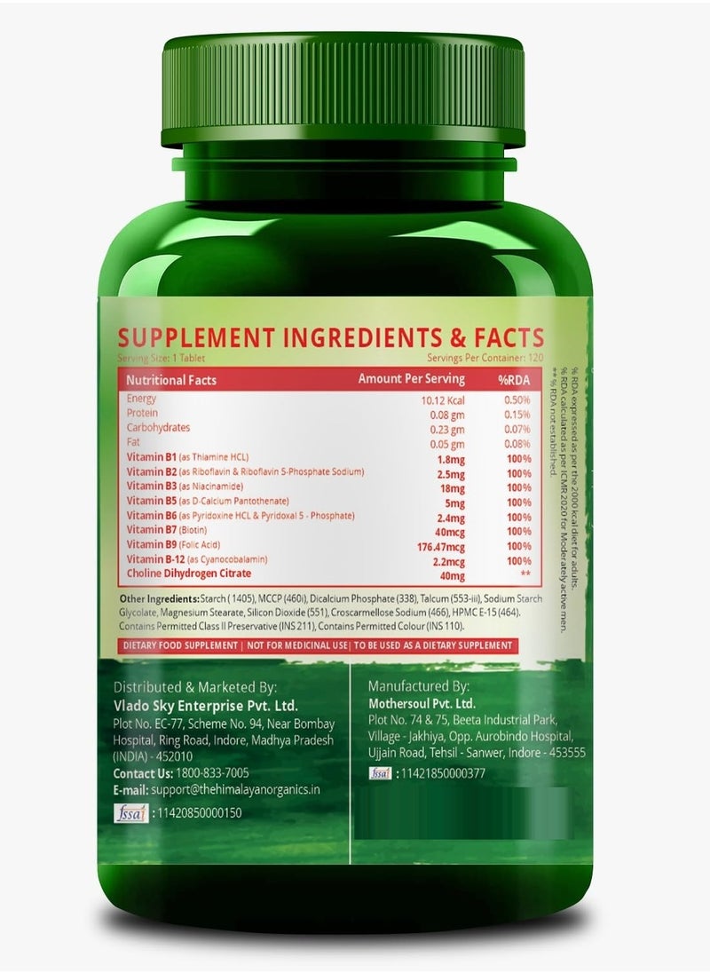Himalayan Organics Vitamin B Complex (B1, B2, B3, B5, B6, B7, B9 & B12) Energy and cognitive support, 120 Veg Tablets