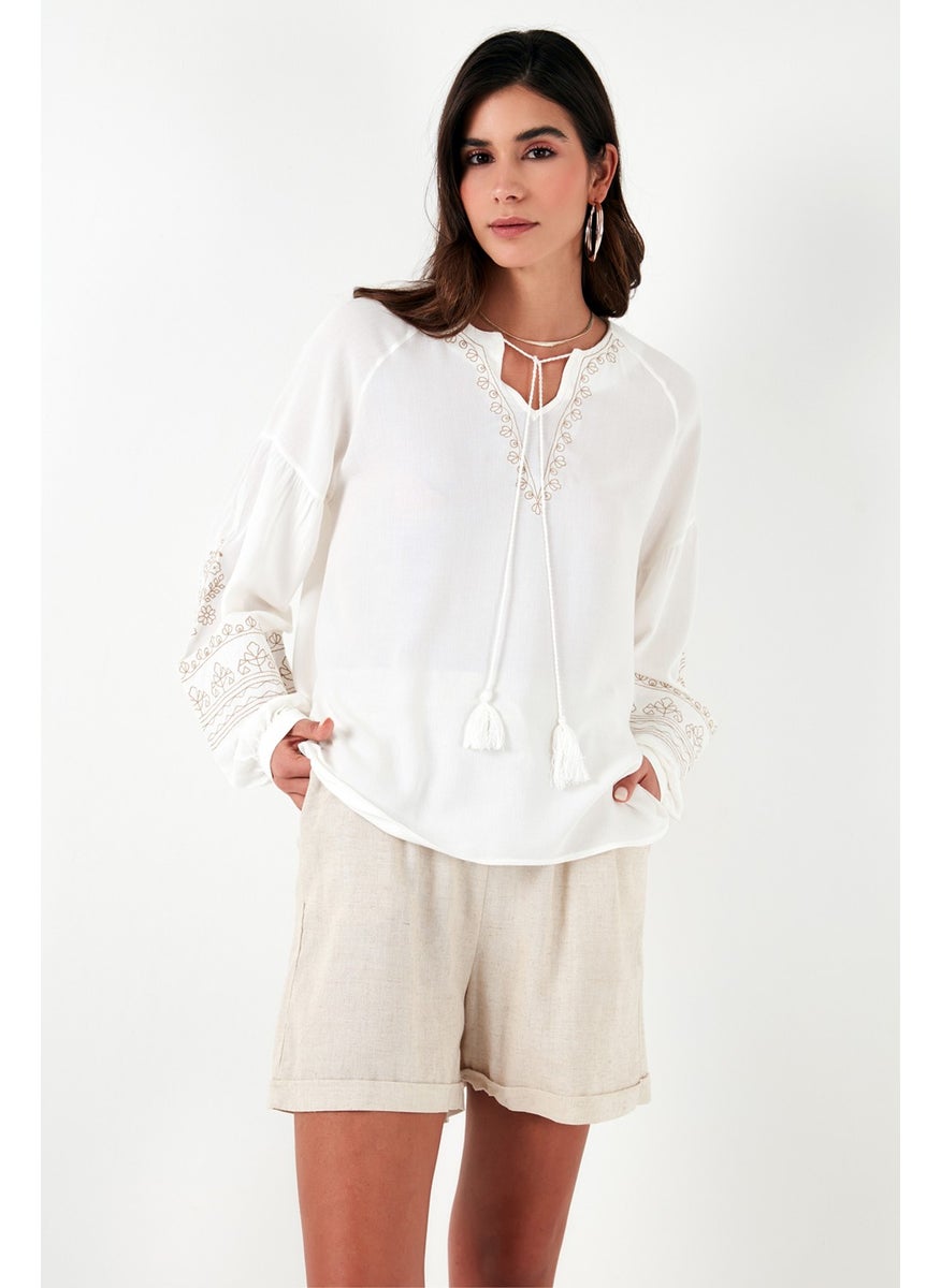 Collar Tied Sleeves Embroidered V-Neck Regular Fit Blouse Women's BLOUSE 611BZ0368