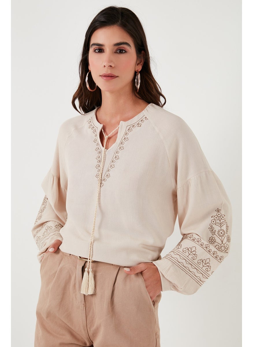 Collar Tied Sleeves Embroidered V-Neck Regular Fit Blouse Women's BLOUSE 611BZ0368