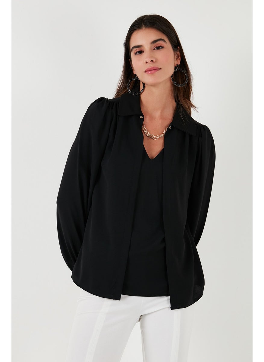 Regular Fit V-Neck Balloon Sleeve Blouse Women's Blouse 611BZ0353