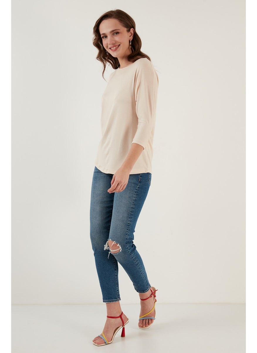 Crew Neck Three Quarter Sleeve Blouse Women's Blouse 5861416Y