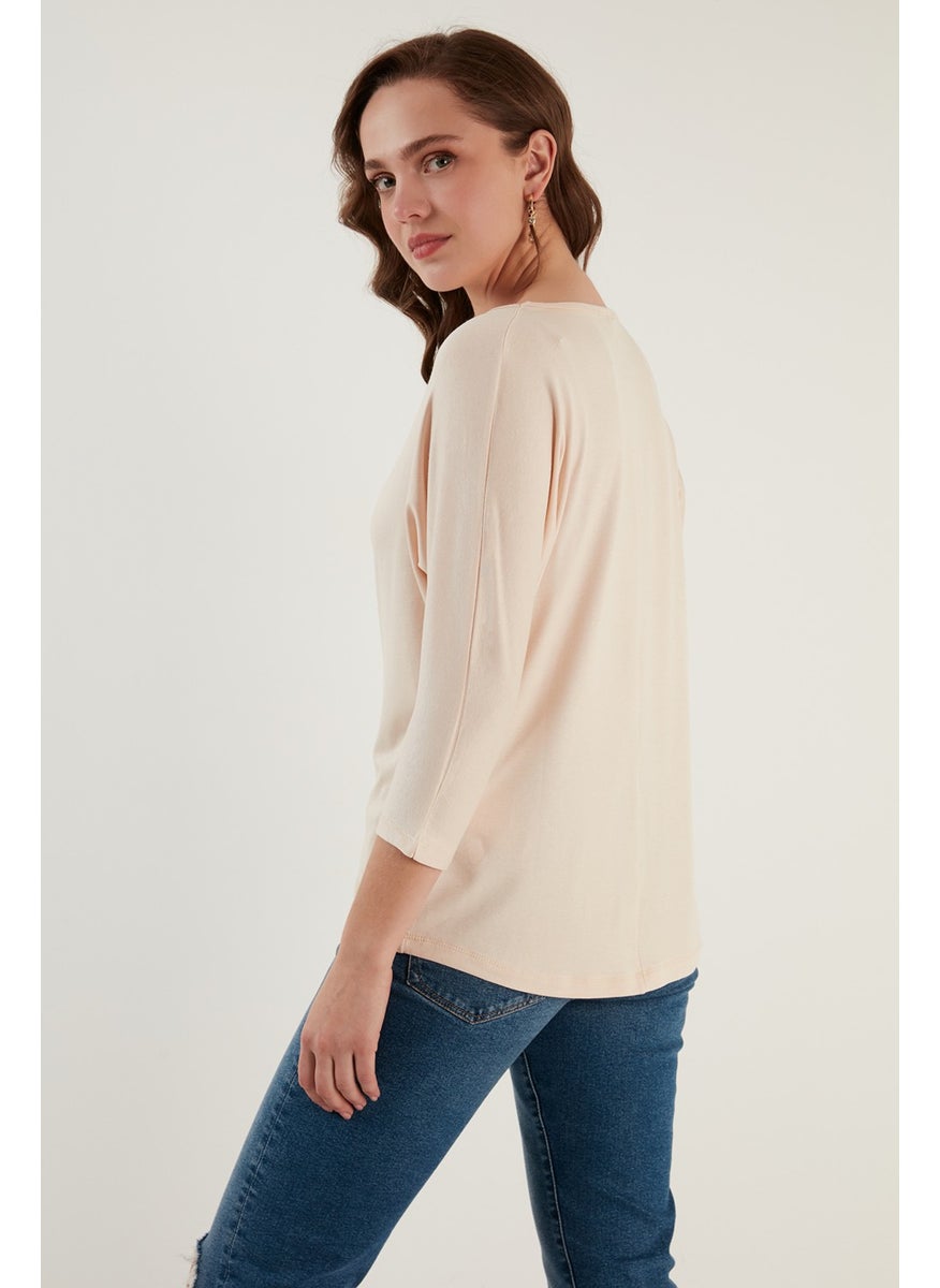 Crew Neck Three Quarter Sleeve Blouse Women's Blouse 5861416Y