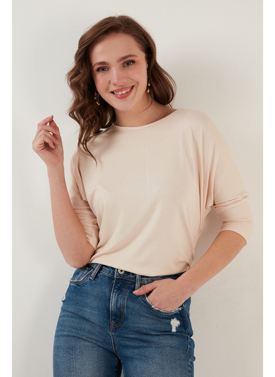Crew Neck Three Quarter Sleeve Blouse Women's Blouse 5861416Y
