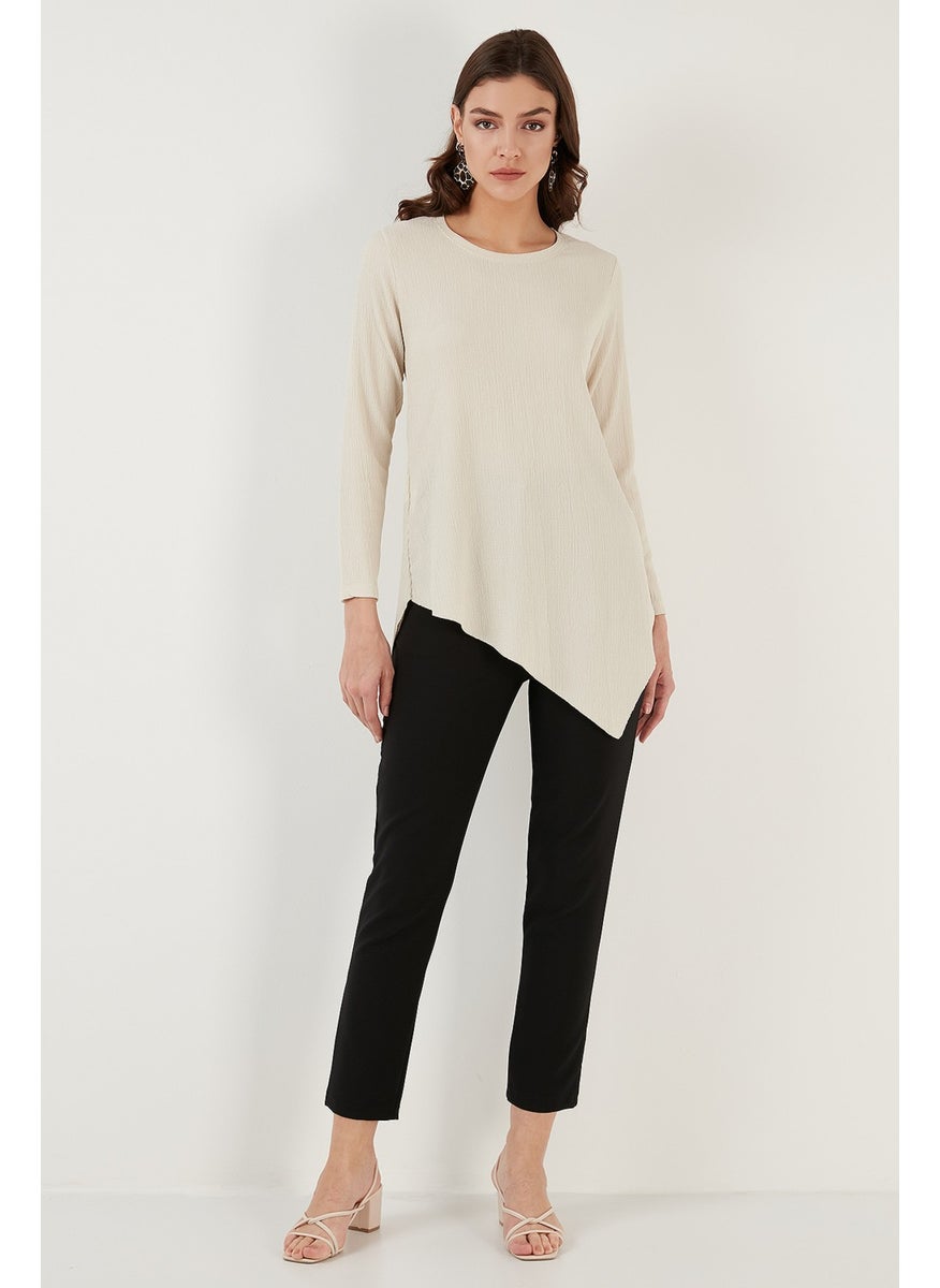 Crew Neck Stretchy Textured Asymmetric Blouse Women's Blouse 5864971