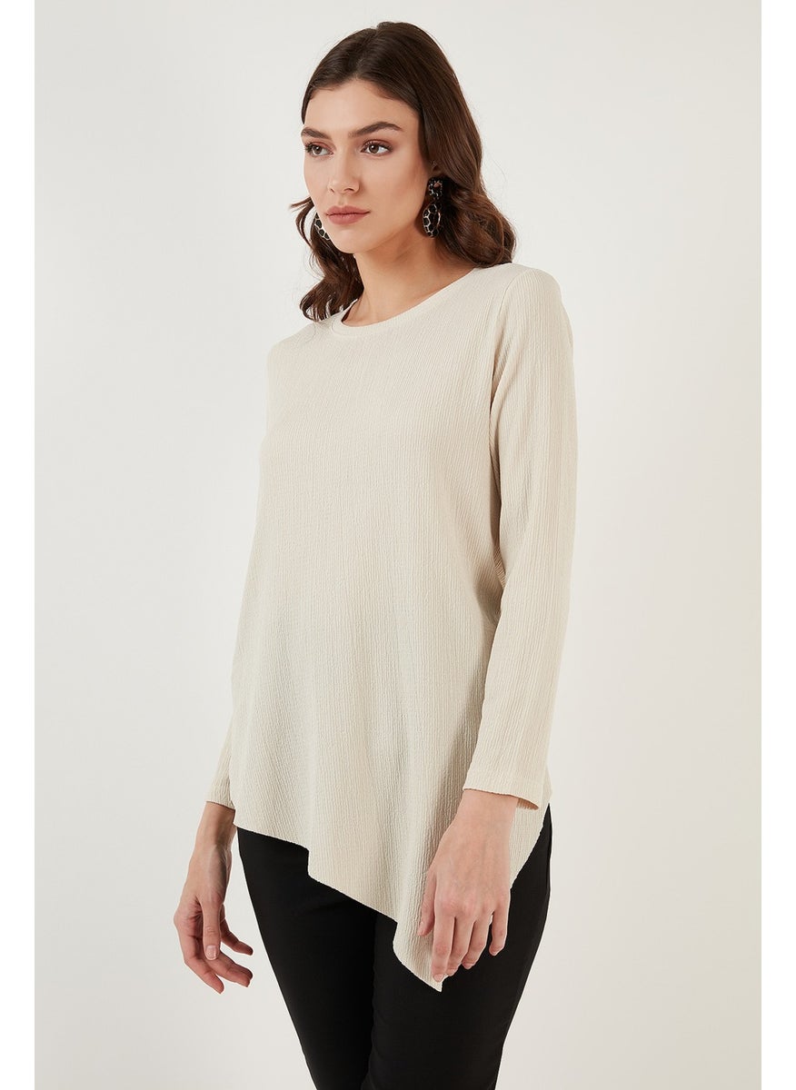 Crew Neck Stretchy Textured Asymmetric Blouse Women's Blouse 5864971