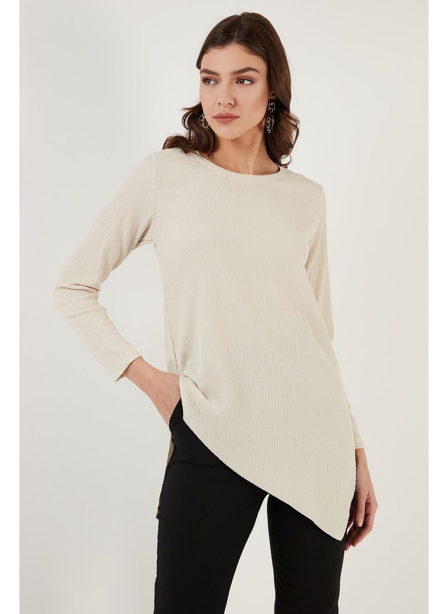 Crew Neck Stretchy Textured Asymmetric Blouse Women's Blouse 5864971