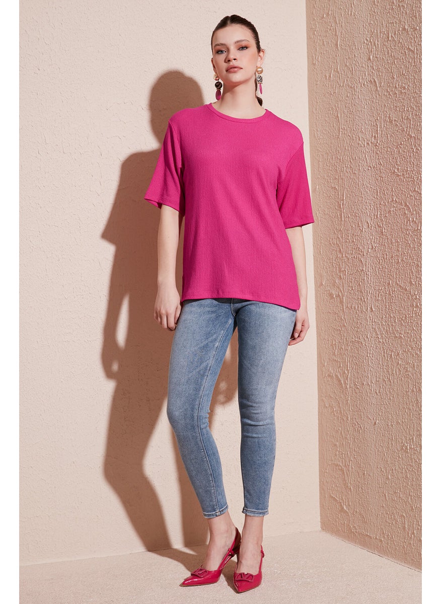 Crew Neck Slit Detailed Wrinkled Fabric Blouse Women's Blouse 5865365