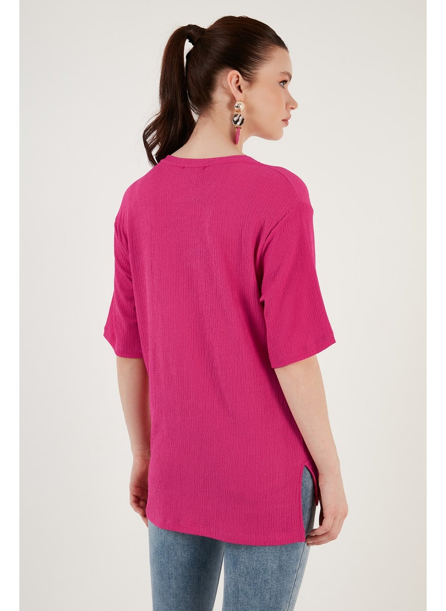 Crew Neck Slit Detailed Wrinkled Fabric Blouse Women's Blouse 5865365