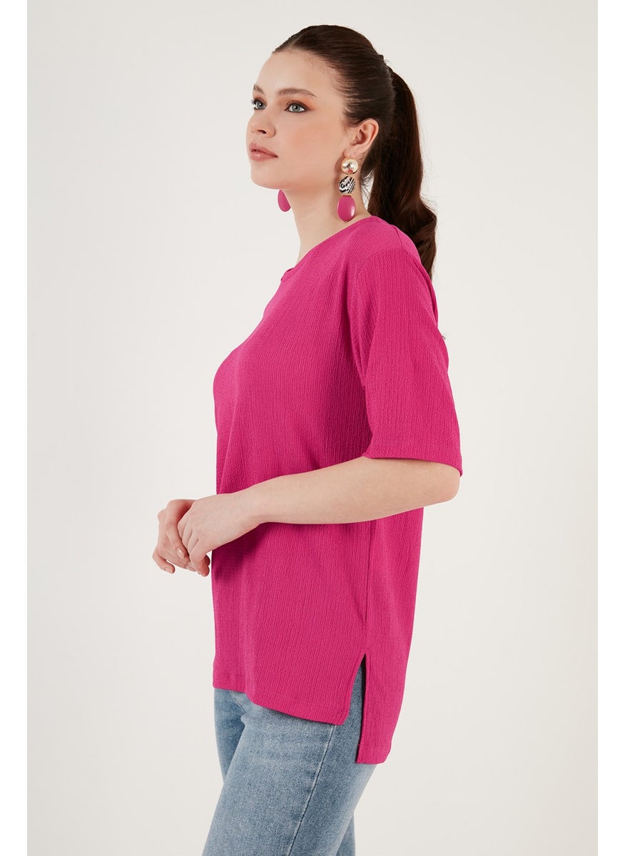 Crew Neck Slit Detailed Wrinkled Fabric Blouse Women's Blouse 5865365