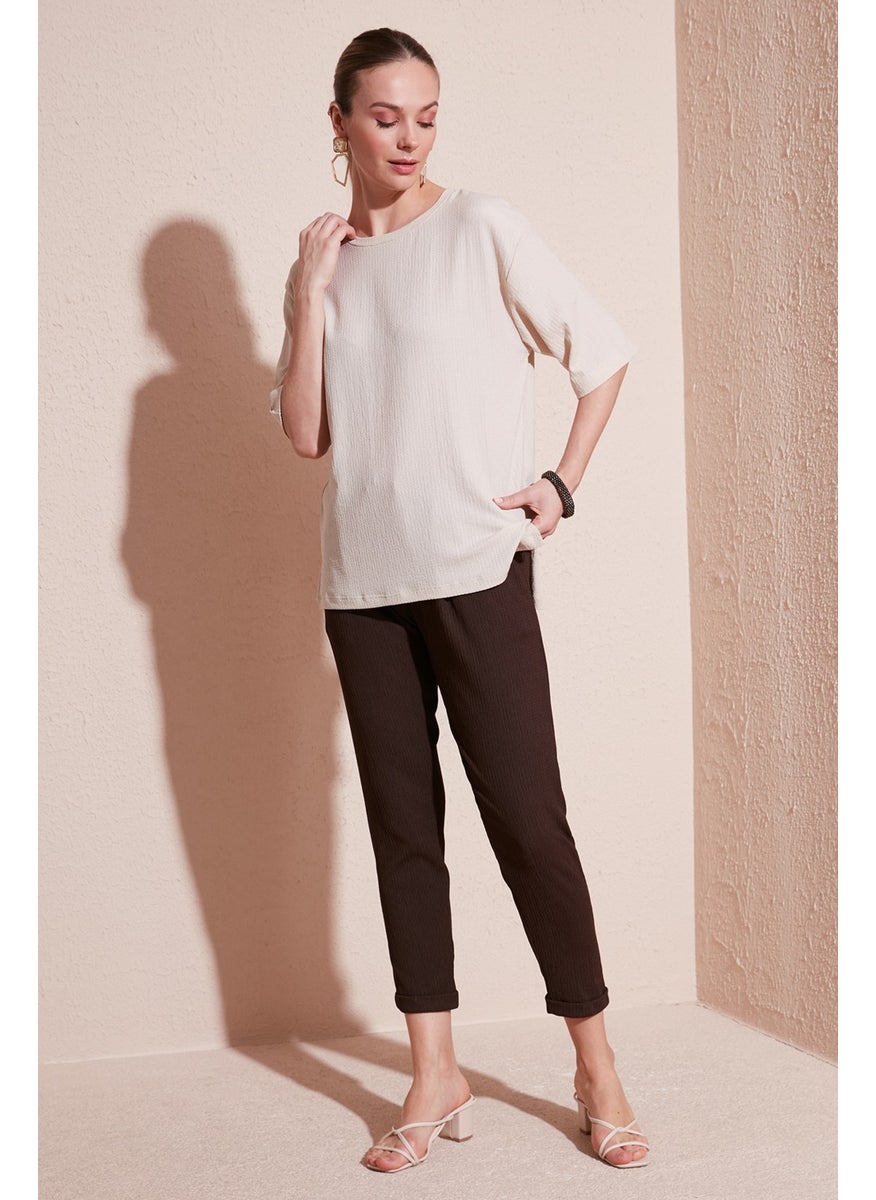 Crew Neck Slit Detailed Wrinkled Fabric Blouse Women's Blouse 5865365