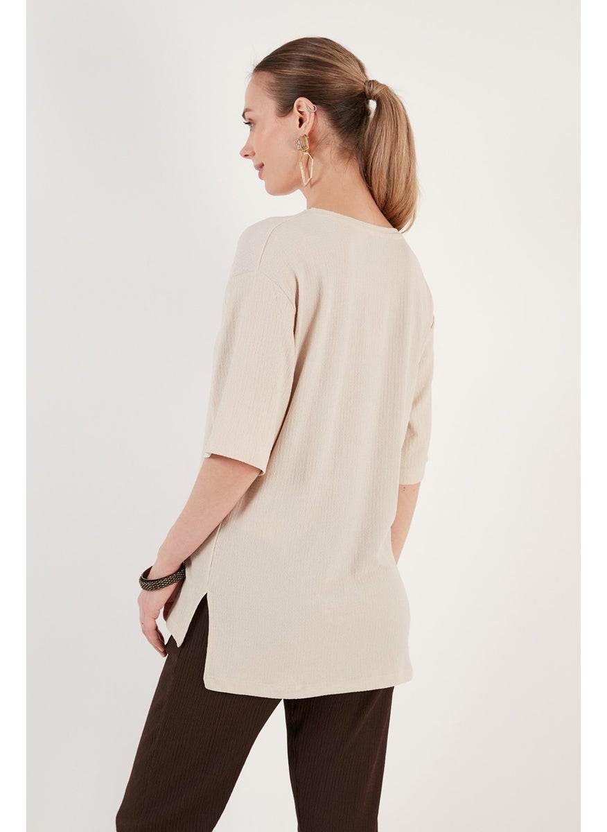 Crew Neck Slit Detailed Wrinkled Fabric Blouse Women's Blouse 5865365