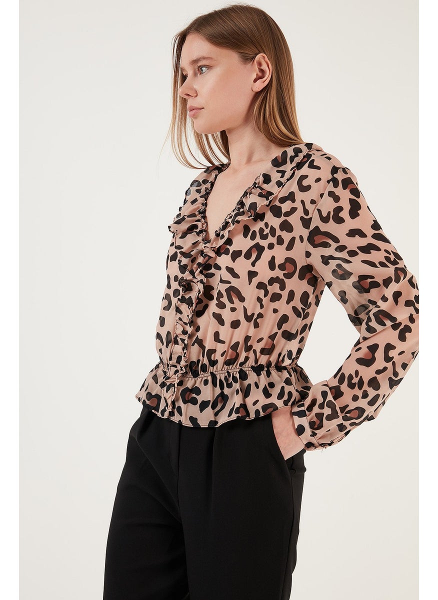 Leopard Patterned Frilly V-Neck Tulle Blouse Women's Blouse 611KB2034