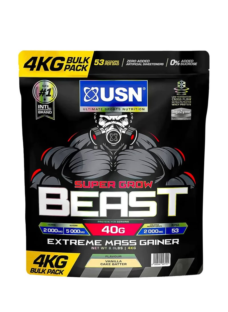 USN Super Grow Beast 4kg Vanilla High Calorie Mass Gainer Protein Powder for extreme muscle strength and Weight Gain With Added Creatine and Vitamins