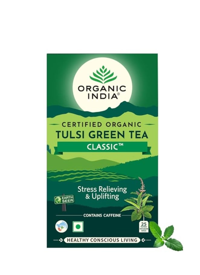 ORGANIC INDIA Tulsi Green Tea Classic|25 Tea Bags, (1.74*25 ),Pack Of 1, 10 Gram